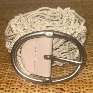 VTG Liz Claiborne White Macramé Belt Silver Tone Oval Buckle Boho Gypsy Nautical